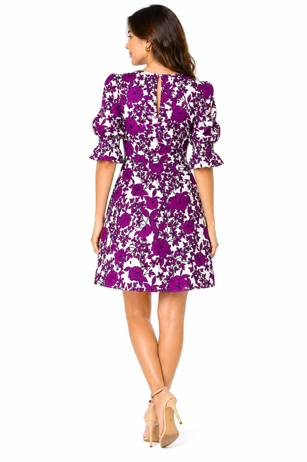 Banana Republic Floral Dress Purple & White Fit & Flare Smocked Sleeves Size 2