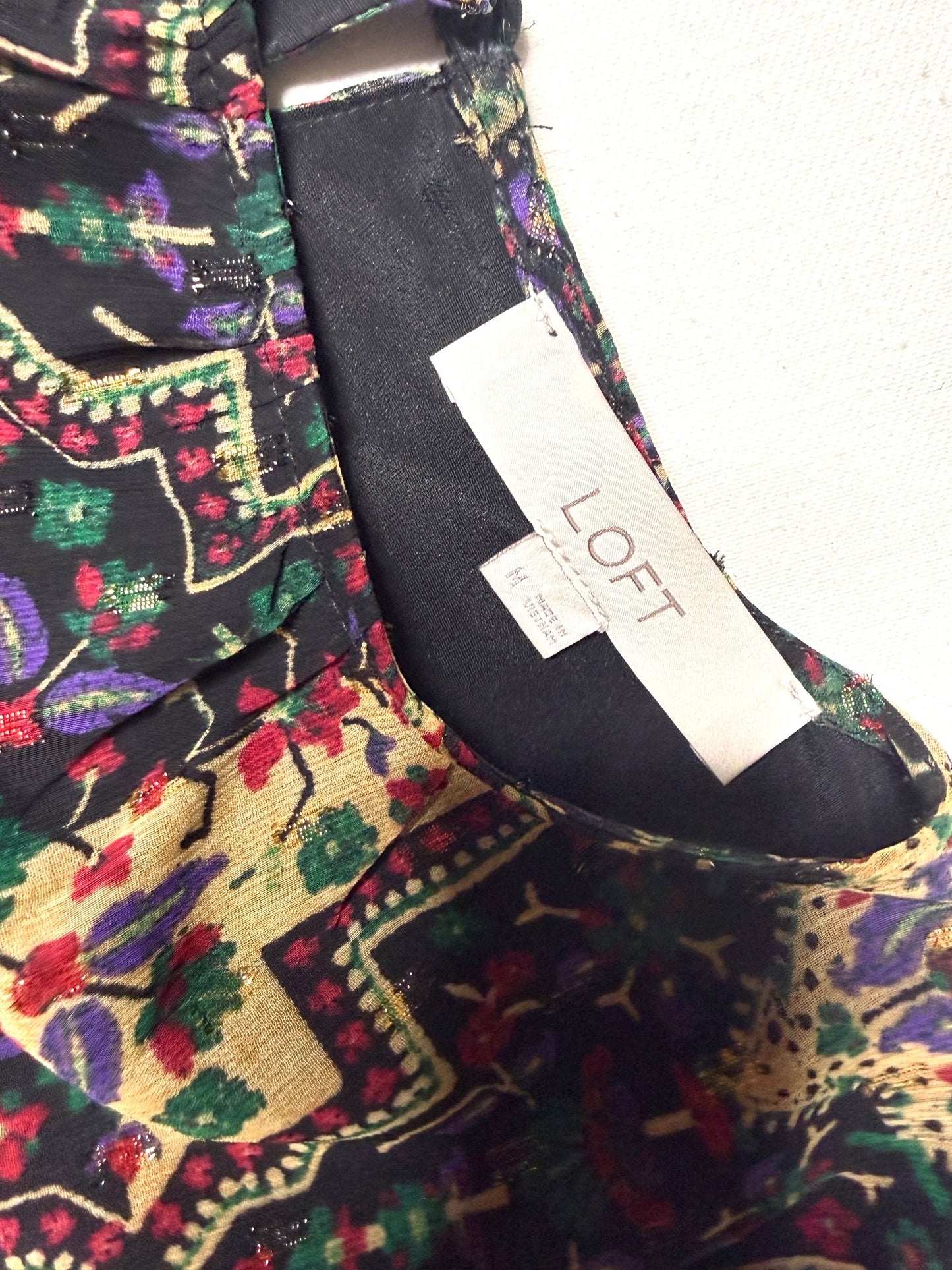 LOFT Boho Floral Geometric Print Drop Waist Dress Ruffle Hem Long Sleeve Size M