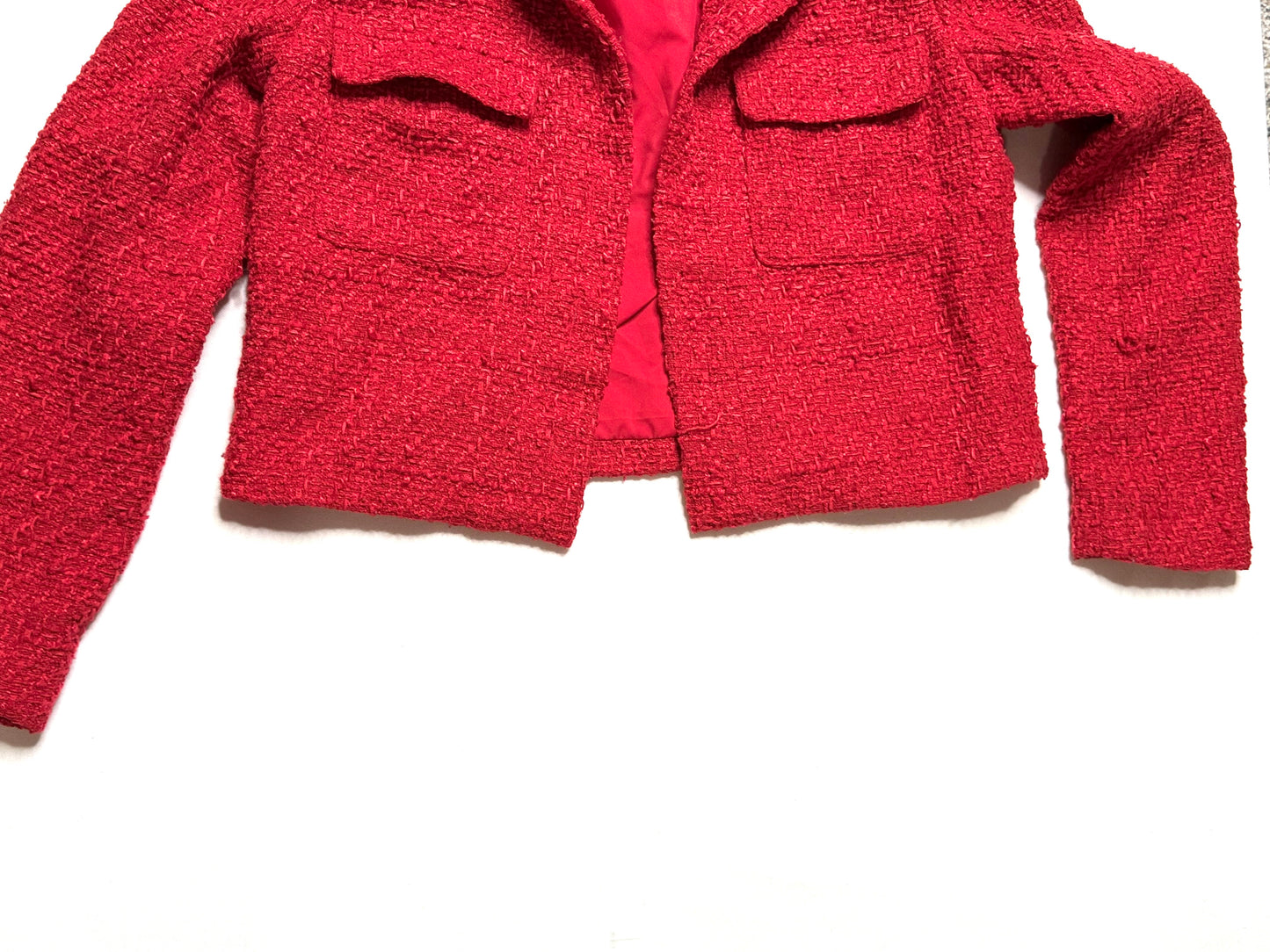 Rachel Zoe Red Tweed Cropped Blazer Open Front Jacket Size Small