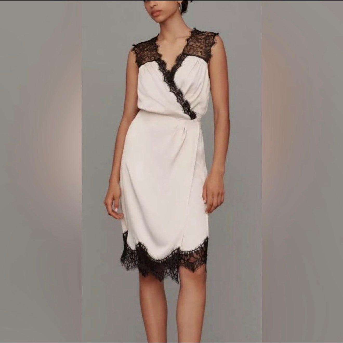Anthropologie Ivory & Black Lace Wrap Midi Sleeveless V-Neck Midi Dress Size M