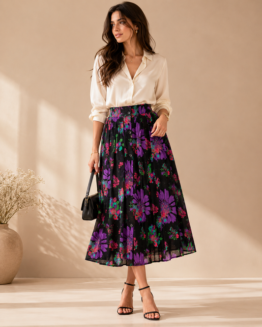 ModCloth Black Floral Pleated Button-Front Midi Skirt – Size 12 Vintage-Inspired A-Line
