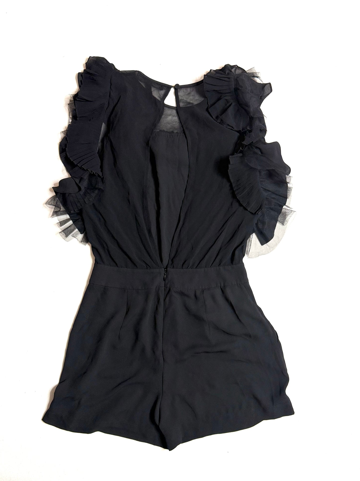 BCBGMaxAzria Black Ruffled Chiffon Open Back Shorts Romper Size 2