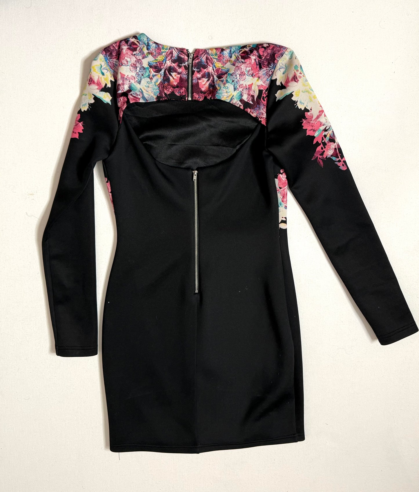 Bebe Black Bodycon Floral Print Dress Long Sleeve Zip Back Size XS