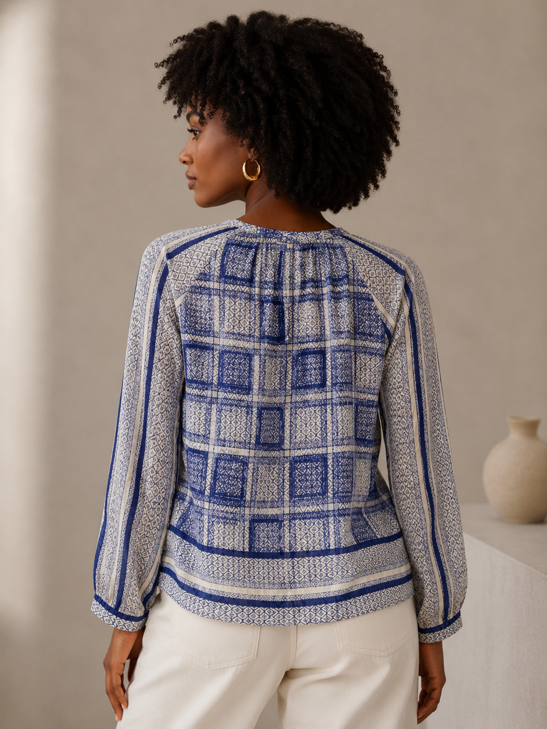 Coster Copenhagen Blue and White Boho Print Long Sleeve Peasant Blouse Size L