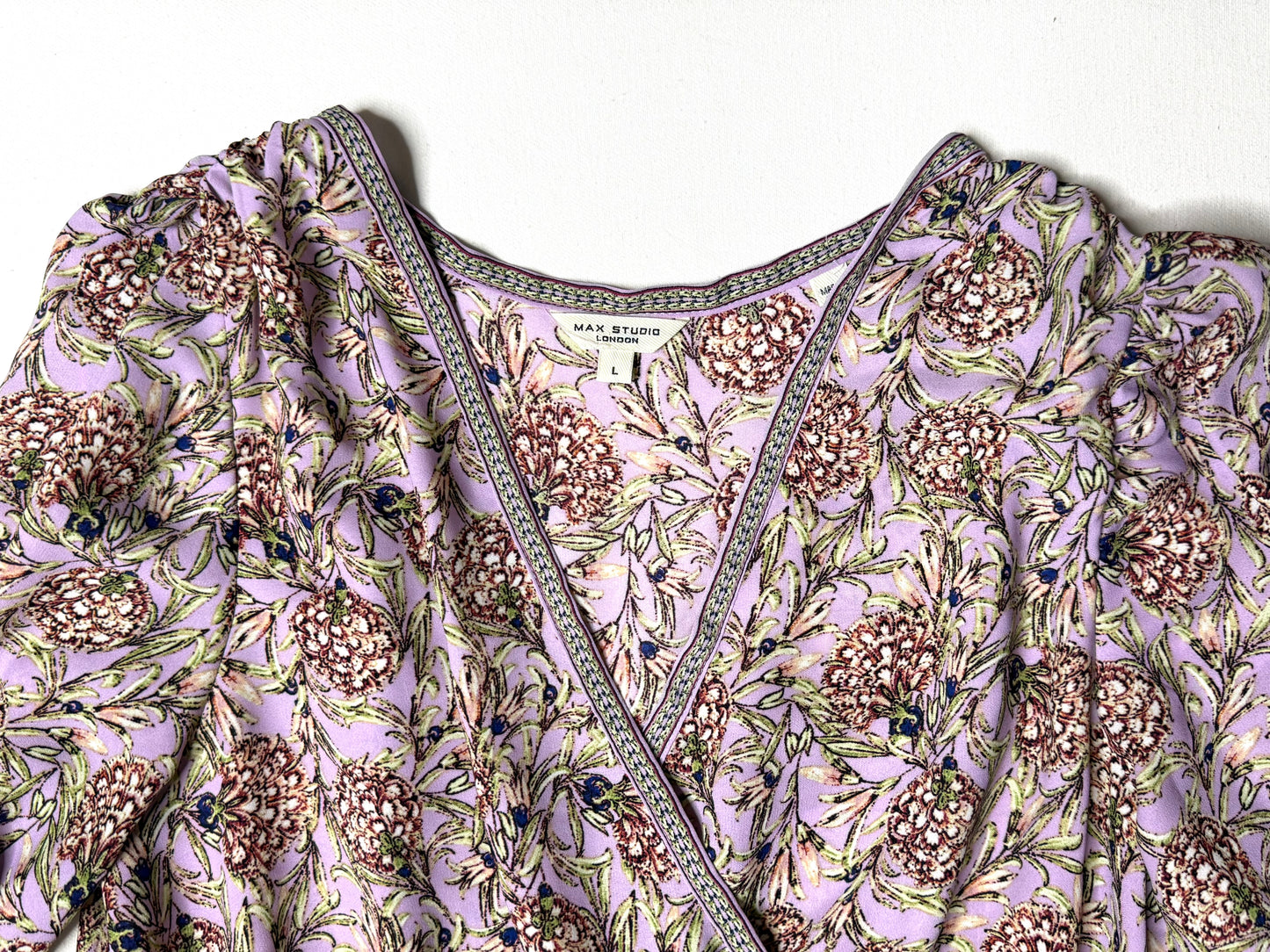 Max Studio London Floral Wrap Dress L Lavender Boho Long Sleeve Ruffle Hem
