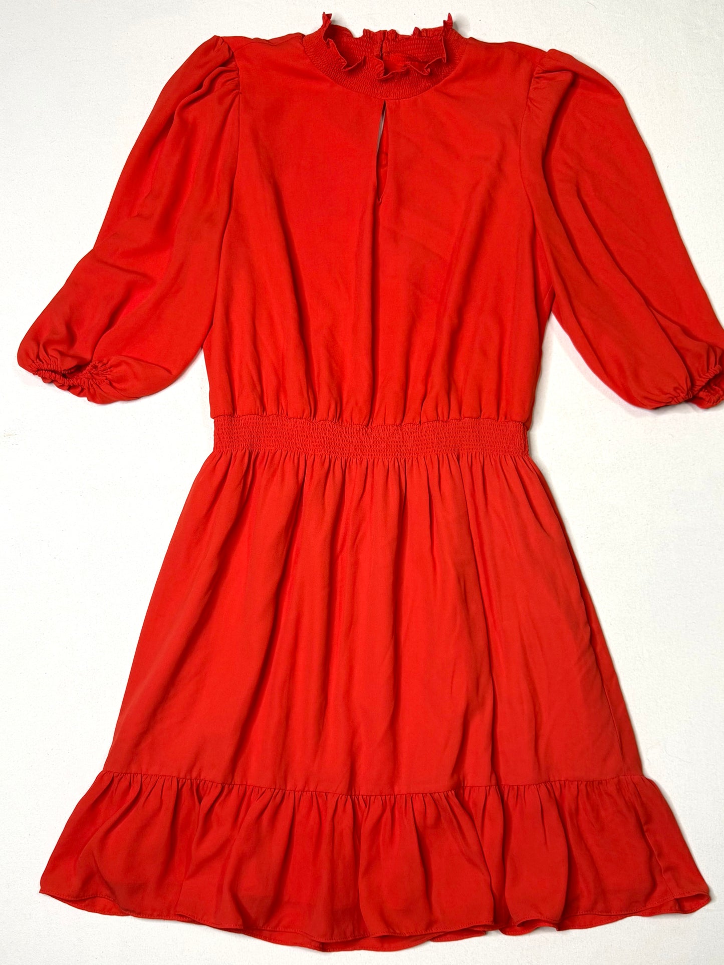 Nanette Lepore Red Ruffle Neck Fit & Flare Dress with Smocked Waist Size 8