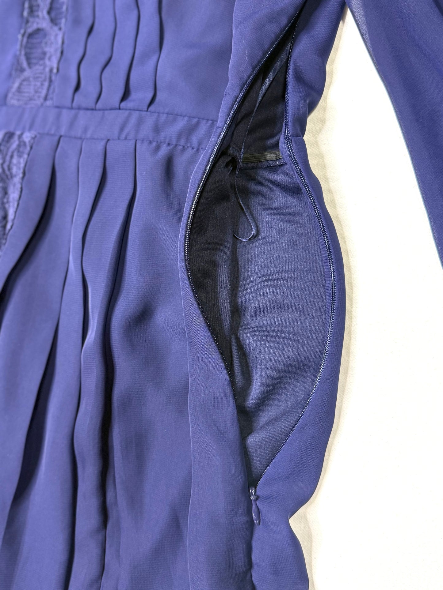 Jessica Simpson Blue Chiffon Lace Trim Mini Dress Pleated Long Sleeve Boho Sizer 8