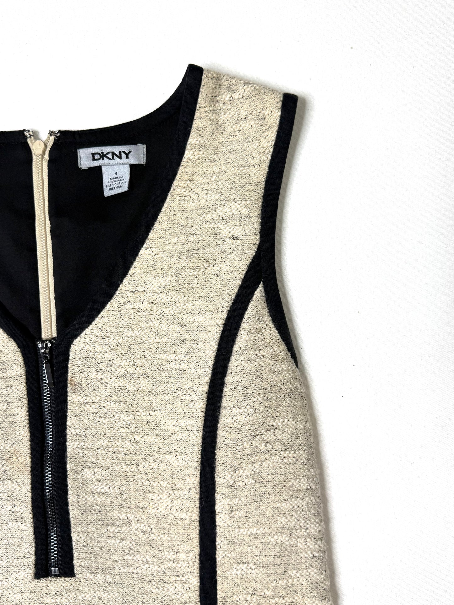 DKNY Women’s Size 4 Cream & Black Contrast Trim Sheath Bodycon Dress Zip Front