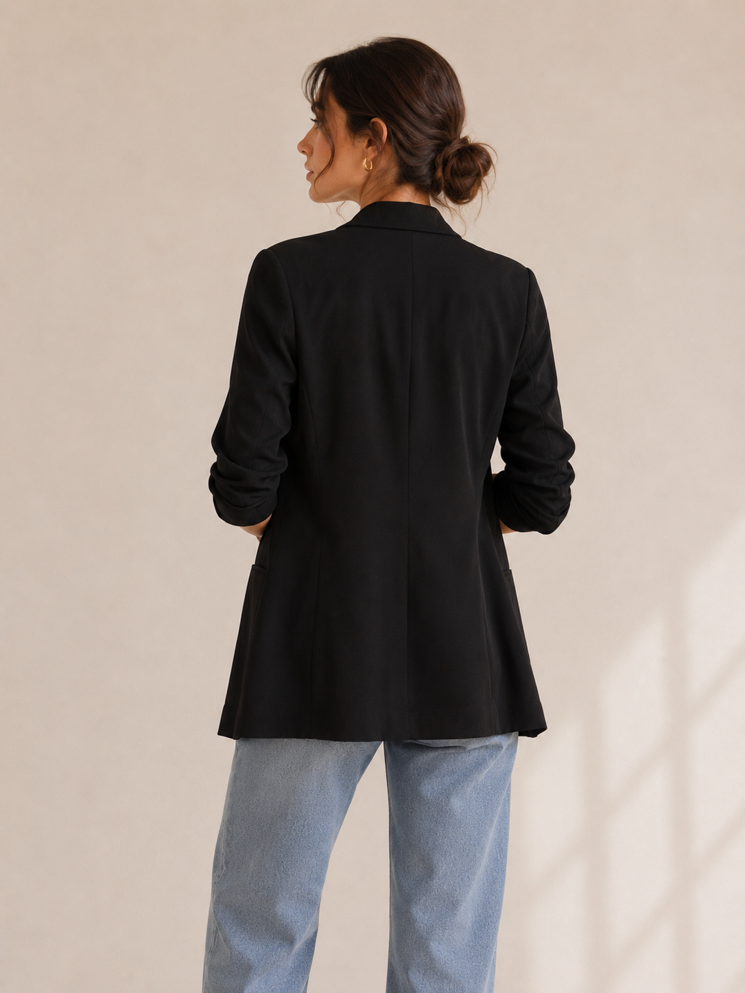 Halogen Black Open Front Blazer XS Ruched Sleeve Career Jacket Minimalist