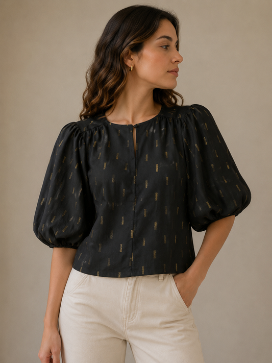 Madewell Ballon Shoulder Blouse Black & Gold Size XS