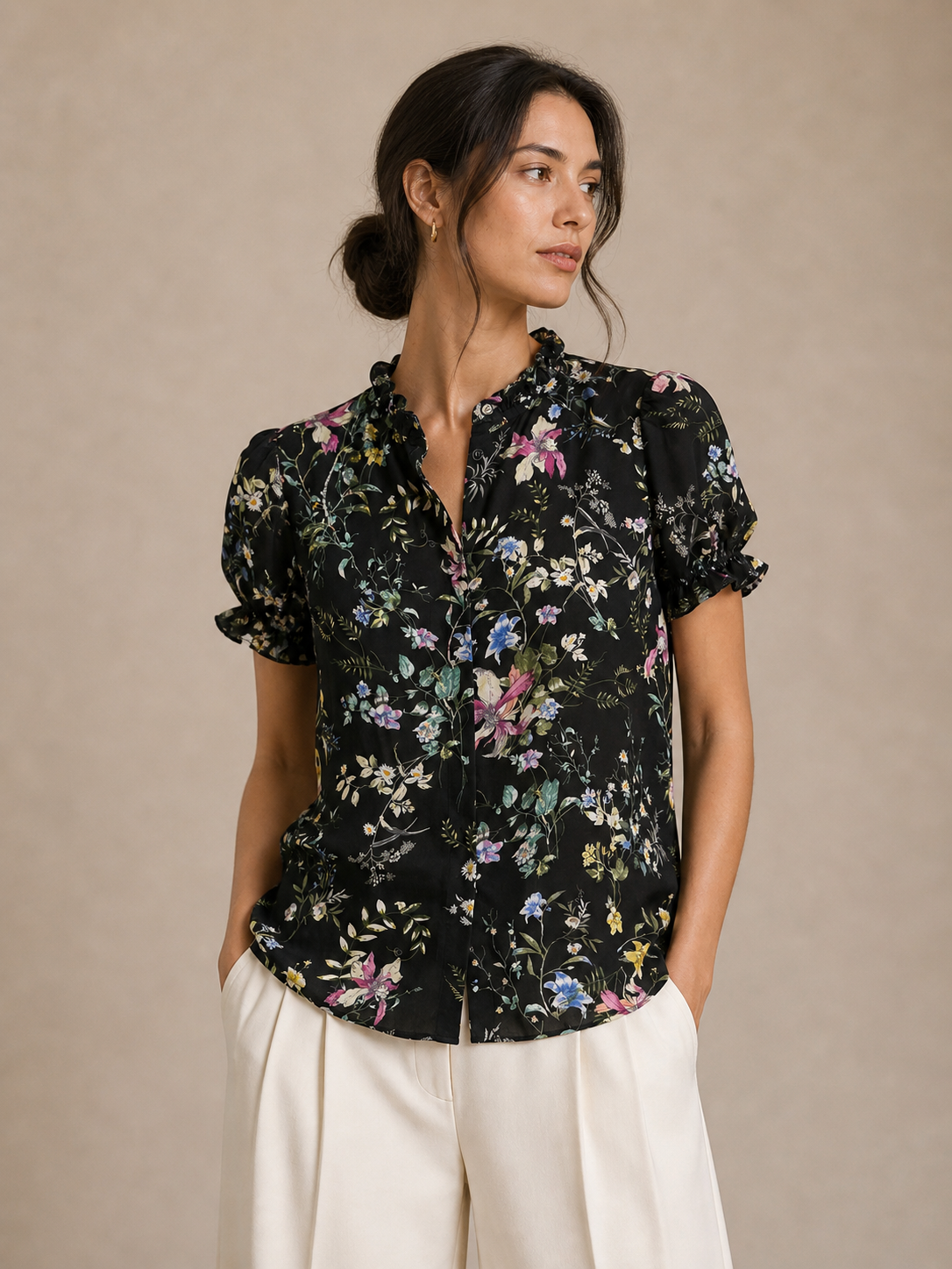 Tahari Black Floral Ruffle-Sleeve Multicolor Blouse Size Large