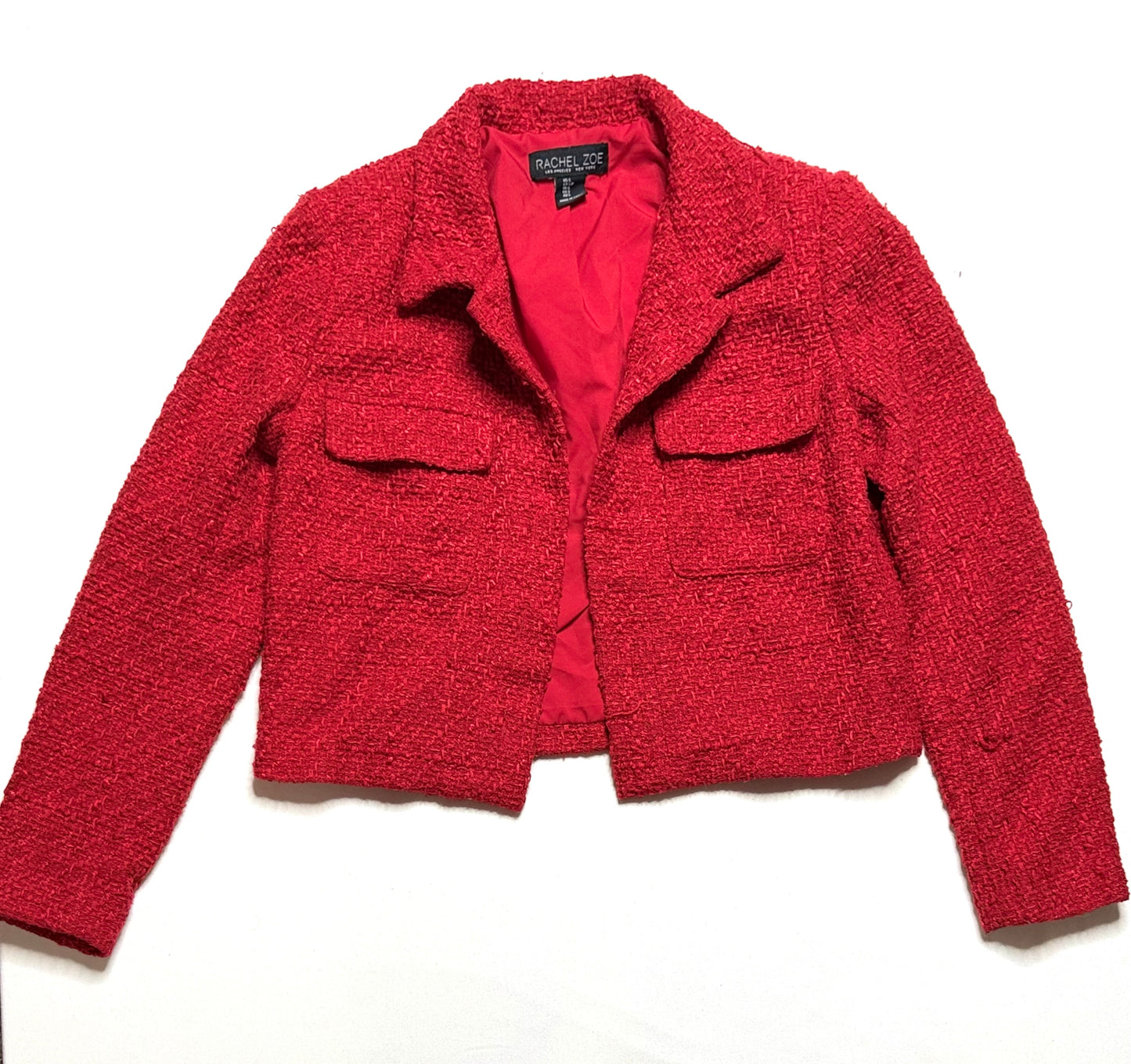 Rachel Zoe Red Tweed Cropped Blazer Open Front Jacket Size Small