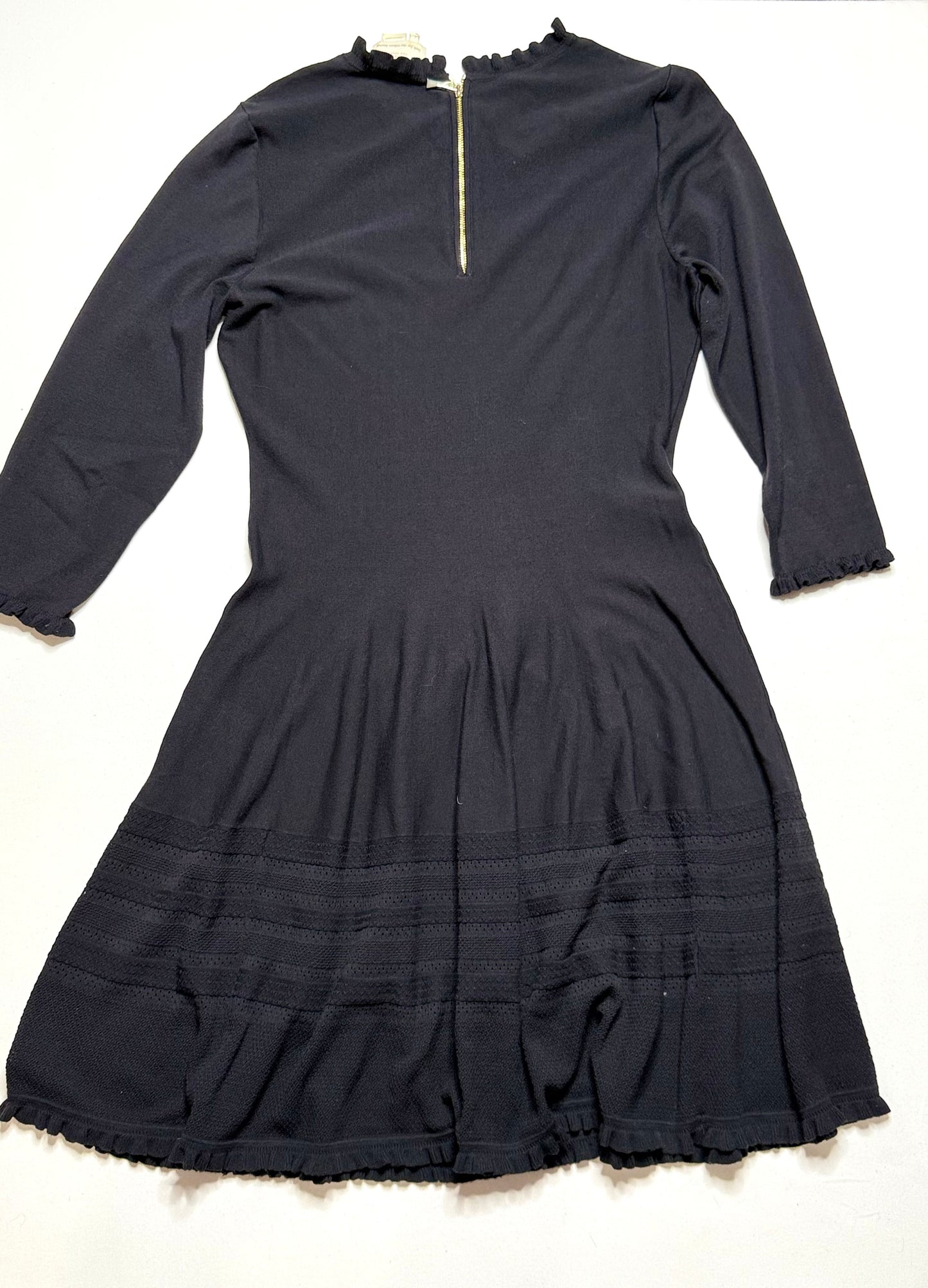 Kate Spade Black Knit Fit & Flare Midi Dress Long Sleeve Ruffle Trim Size Large