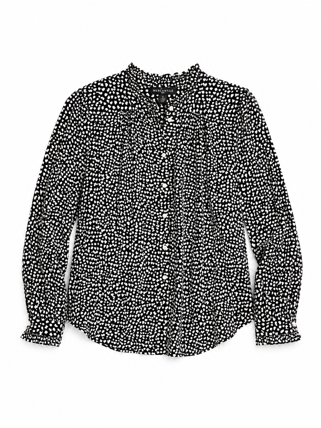 J.Crew Mercantile Heart Print Blouse Size 2 Black White Long Sleeve Ruffle Top