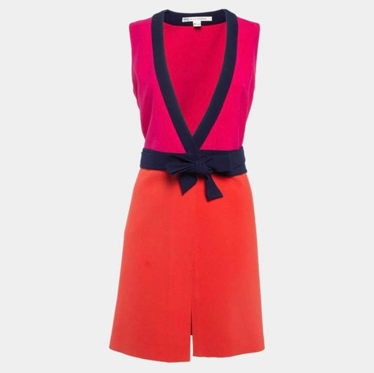Diane von Furstenberg Icon Wrap Dress – Size 10, Colorblock Orange & Pink with Navy Trim
