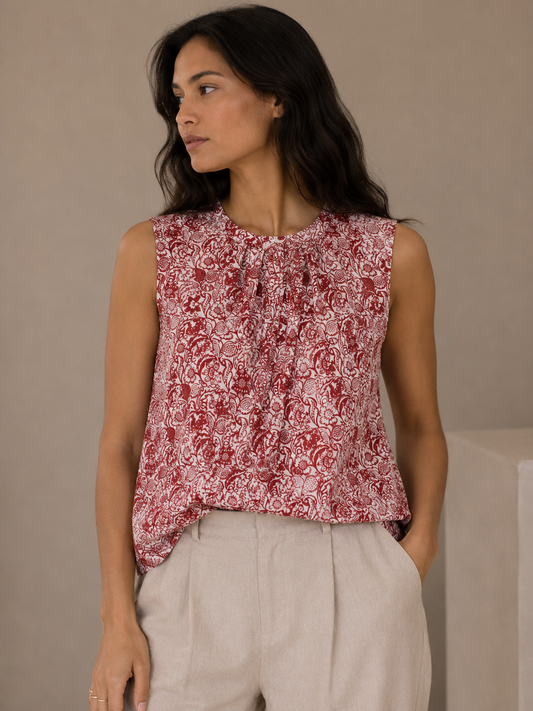 Derek Lam Collective Red & White Floral Ruffle Front Blouse | Size 42 | Sleeveless Top