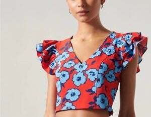 Sugar Lips Mira Mar Floral Ruffle Shoulder Crop Top – Red/Blue, Size S, NWT