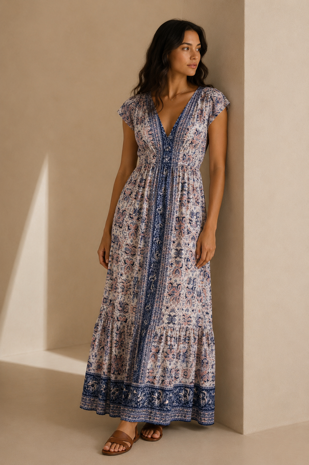 Lucky Brand Blue and White Paisley Boho Maxi Dress w/ Side Slits & Pockets Sz M