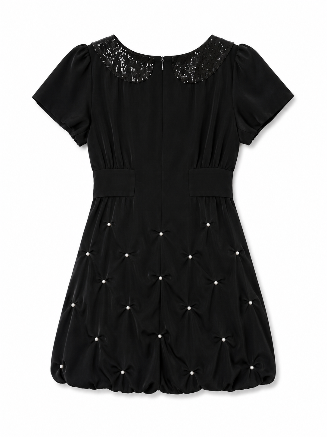 Sretsis Black Bubble Hem Dress Size US 2 Sequin Collar Pearl Detail Puff Sleeve Mini Dress