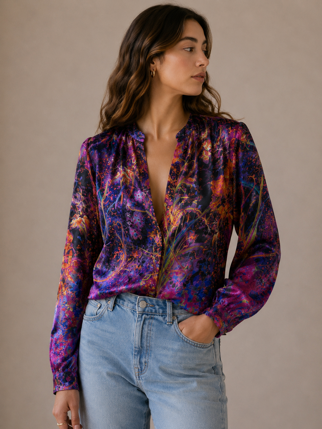 Tahari Abstract Floral Print Long Sleeve Blouse Size Large