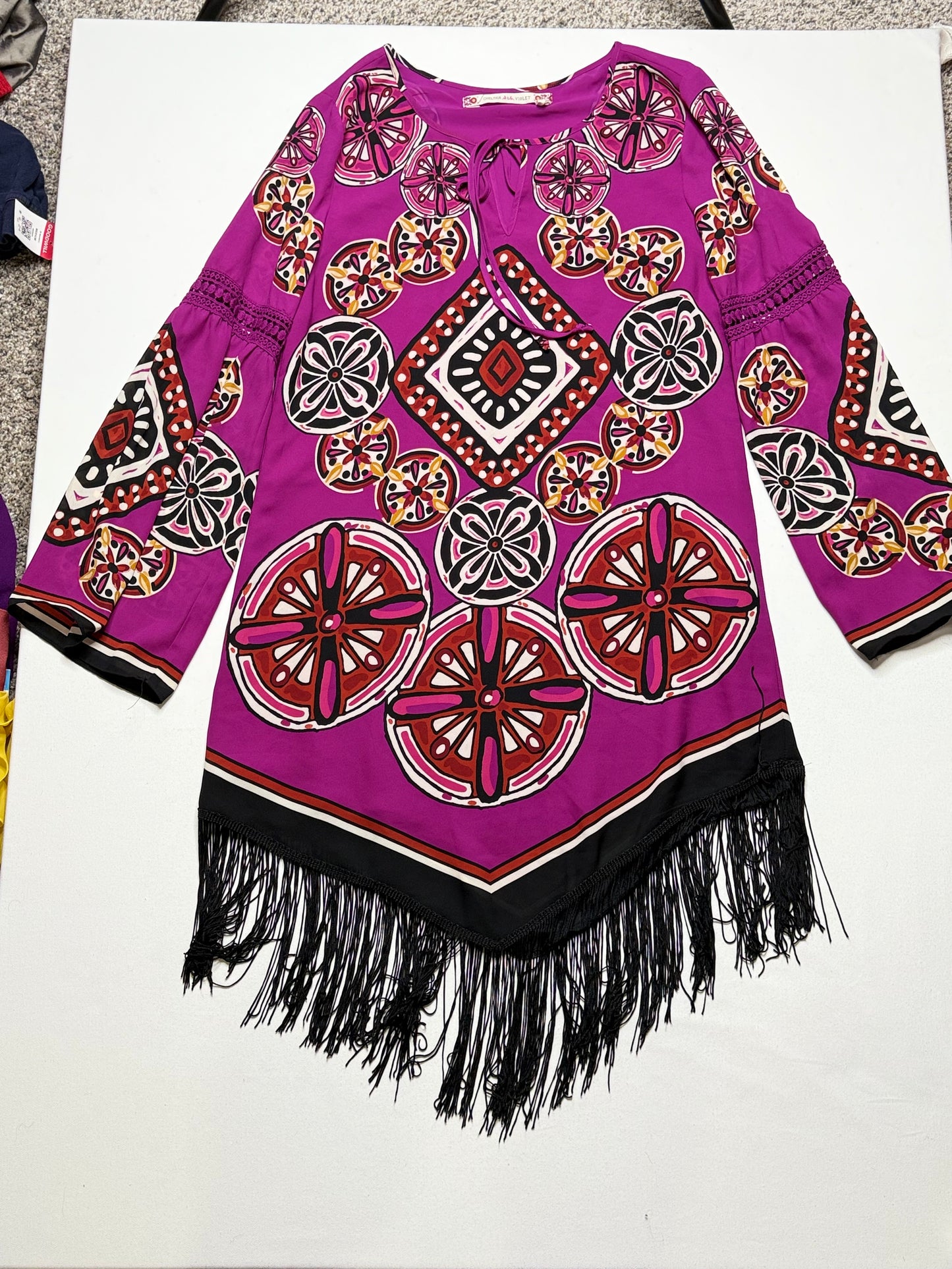 Anthropologie Chelsea & Violet Purple and Multicolor Tunic Dress w/ Fringe Sz M