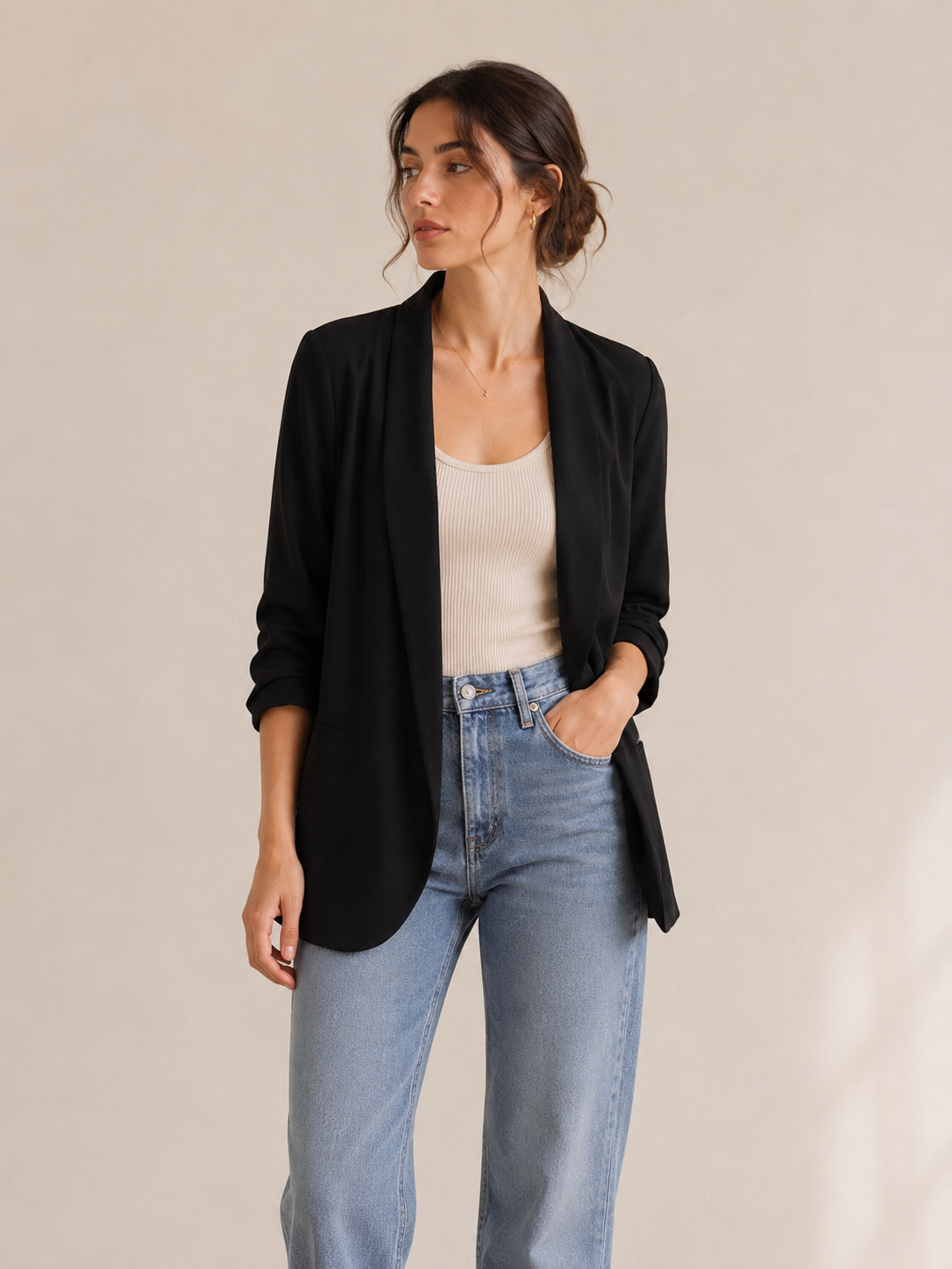 Halogen Black Open Front Blazer XS Ruched Sleeve Career Jacket Minimalist