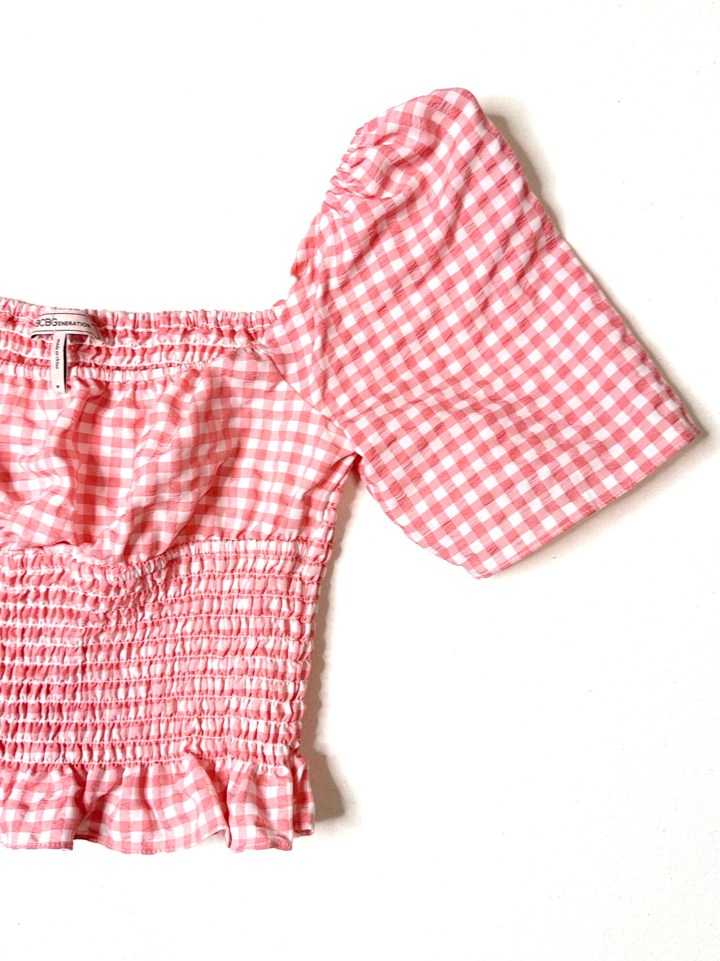 BCBGeneration Pink Gingham Smocked Crop Top Puff Sleeve Women’s Size M