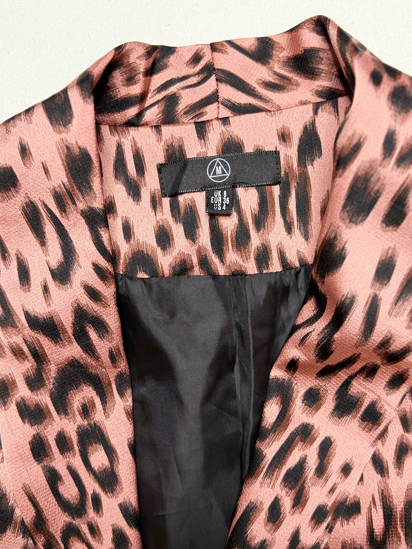Missguided Peachy Pink Animal Print Longline Jacket Size 4 | Open Front Blazer with Pockets