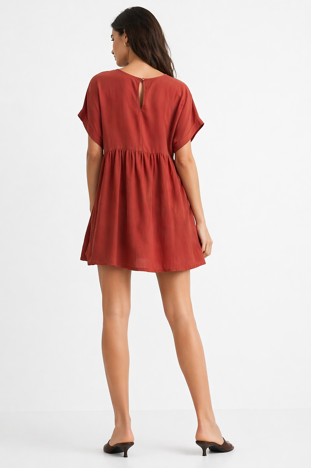 Hudson Gray Rust Orange Babydoll Dress Medium Boho V Neck Short Sleeve Mini Shift Dress