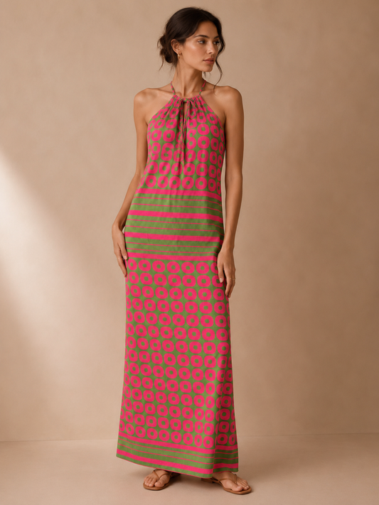 Amanda Uprichard Pink& Green 100% Silk Maxi Dress Size Small