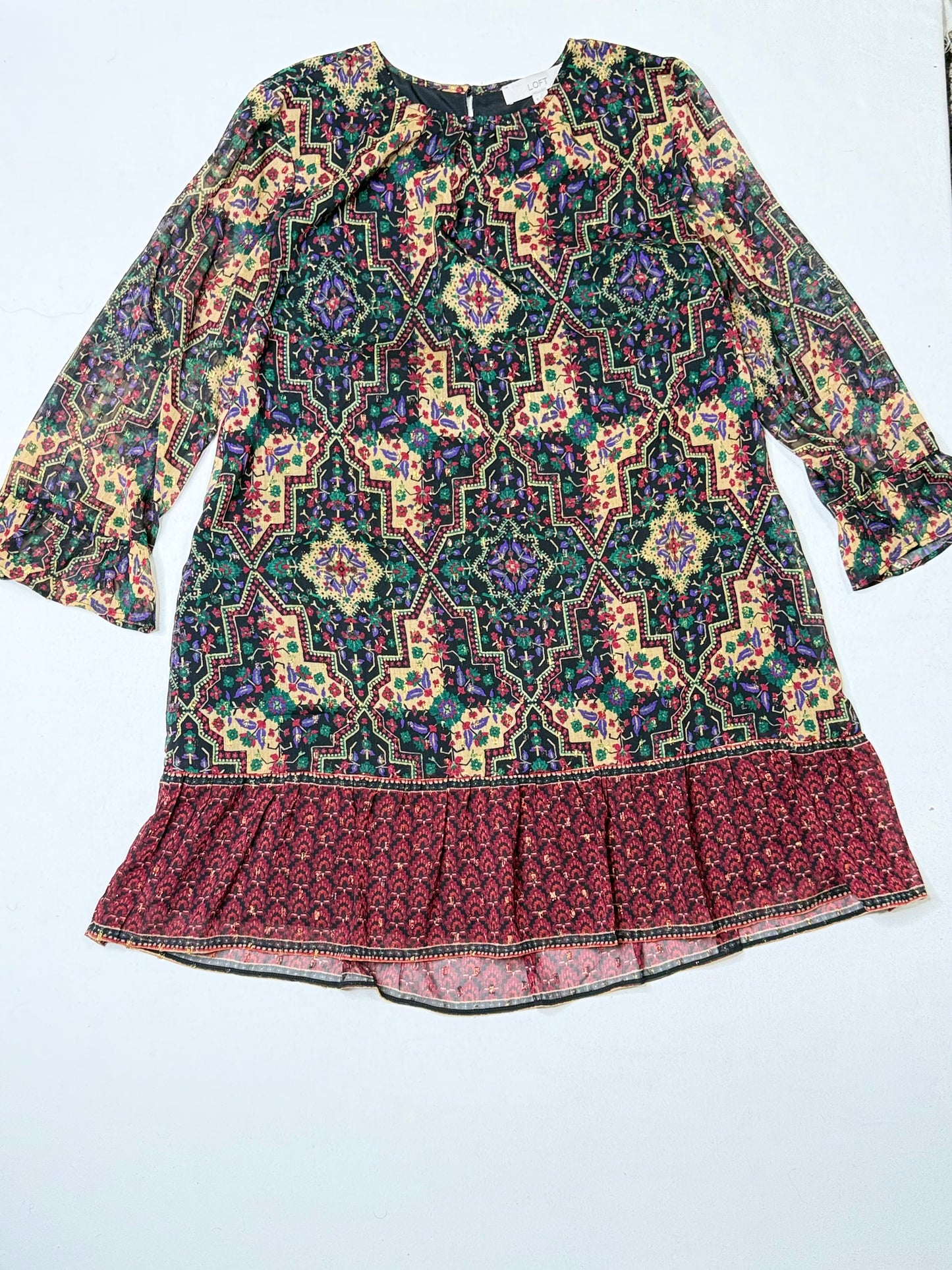 LOFT Boho Floral Geometric Print Drop Waist Dress Ruffle Hem Long Sleeve Size M