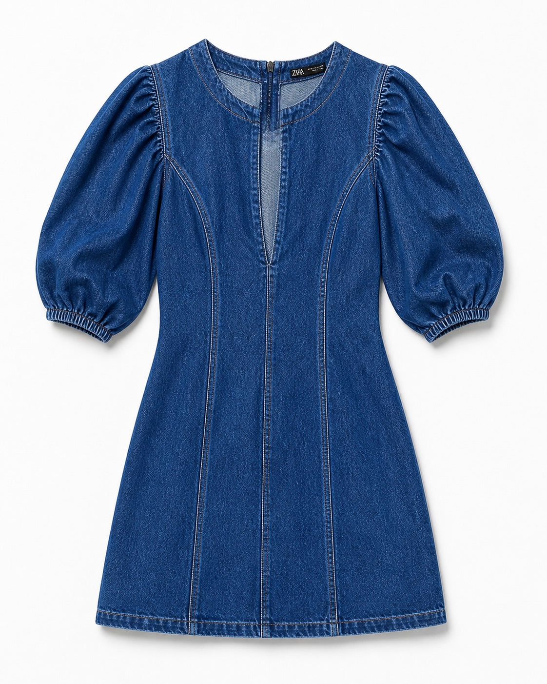 ZARA Denim Mini Dress Women’s Medium NWT Puff Sleeve Blue Jean Dress Cutout Neck Fitted A-Line