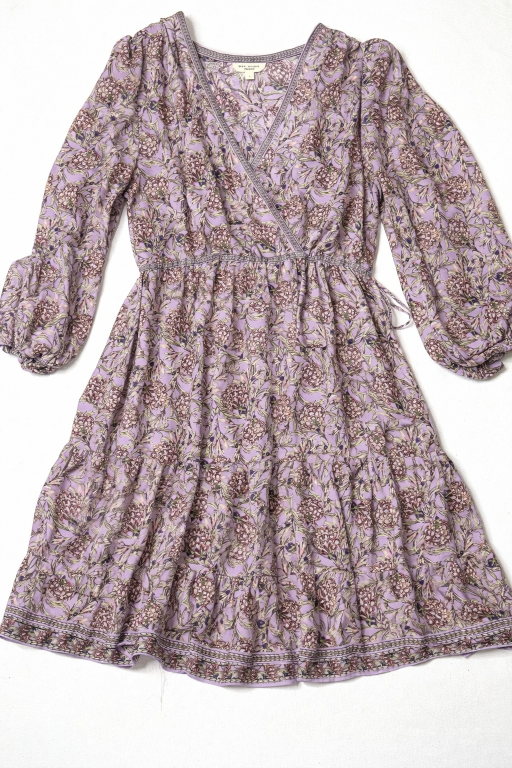 Max Studio London Floral Wrap Dress L Lavender Boho Long Sleeve Ruffle Hem