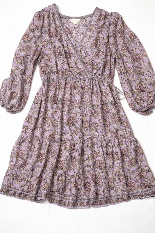 Max Studio London Floral Wrap Dress L Lavender Boho Long Sleeve Ruffle Hem