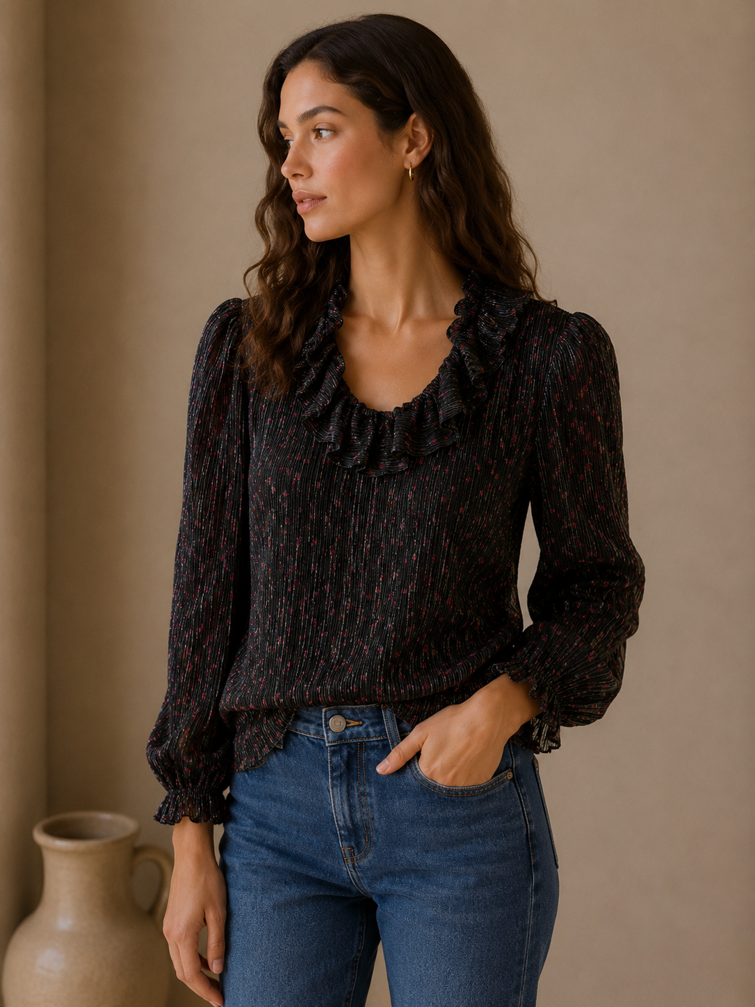 J.Crew Black Cherry Print Ruffle Neck Blouse Size Small Pleated Long Sleeve Top
