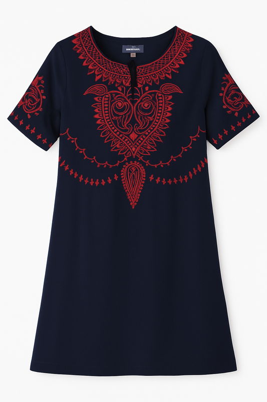 Neiman Marcus Navy Blue Shift Dress Women’s Medium Red Embroidered Neckline & Sleeves