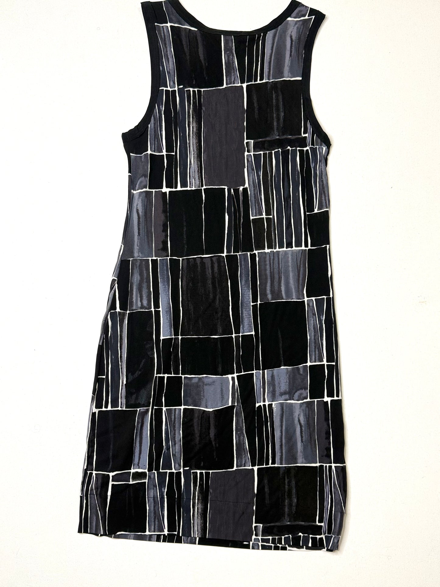 Banana Republic Black Gray Abstract Print Sleeveless Shift Dress Size S Rayon Modern Geometric Dress
