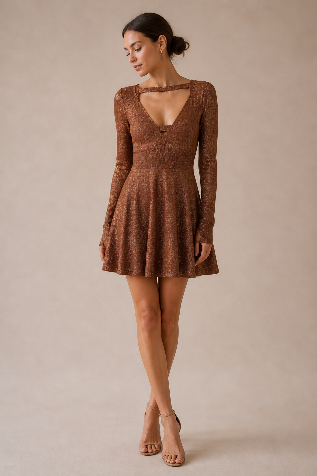Free People Metallic Copper Knit Fit & Flare Long Sleeve Dress Size XS