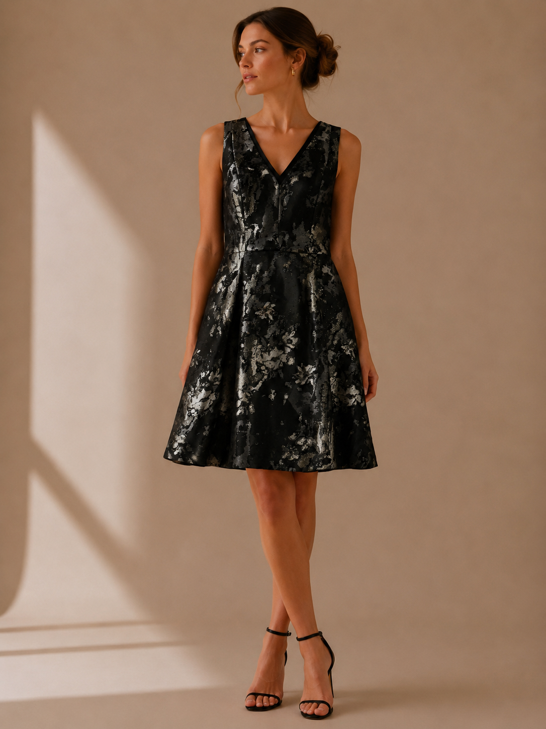 White House Black Market Black Metallic Jacquard Fit & Flare Dress Size 10 Petite NWT Cocktail Party Dress