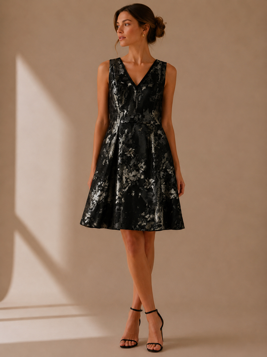 White House Black Market Black Metallic Jacquard Fit & Flare Dress Size 10 Petite NWT Cocktail Party Dress