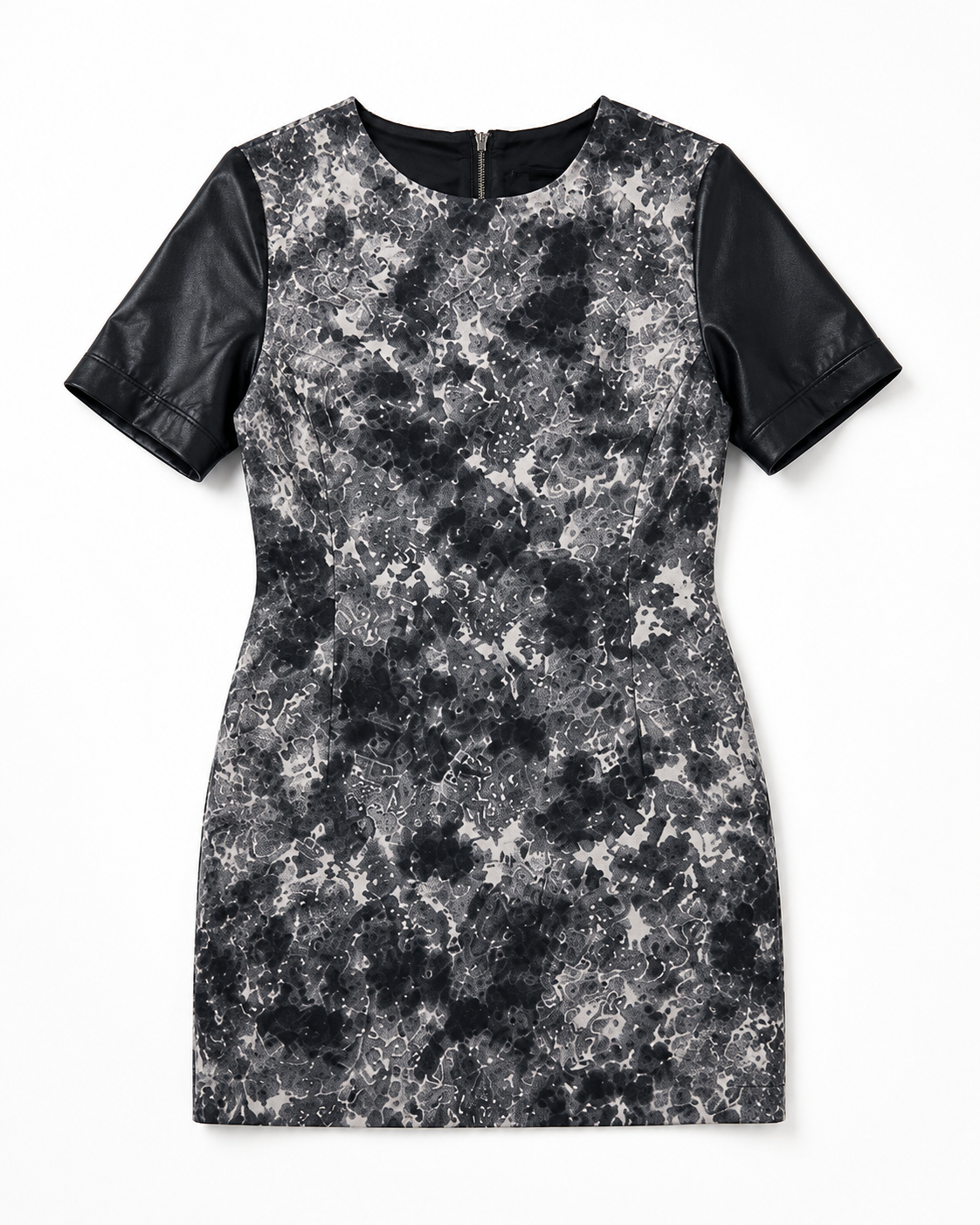 Cut25 by Yigal Azrouël Faux Leather Sleeve Bodycon Dress XS Gray Abstract Print Mini Dress