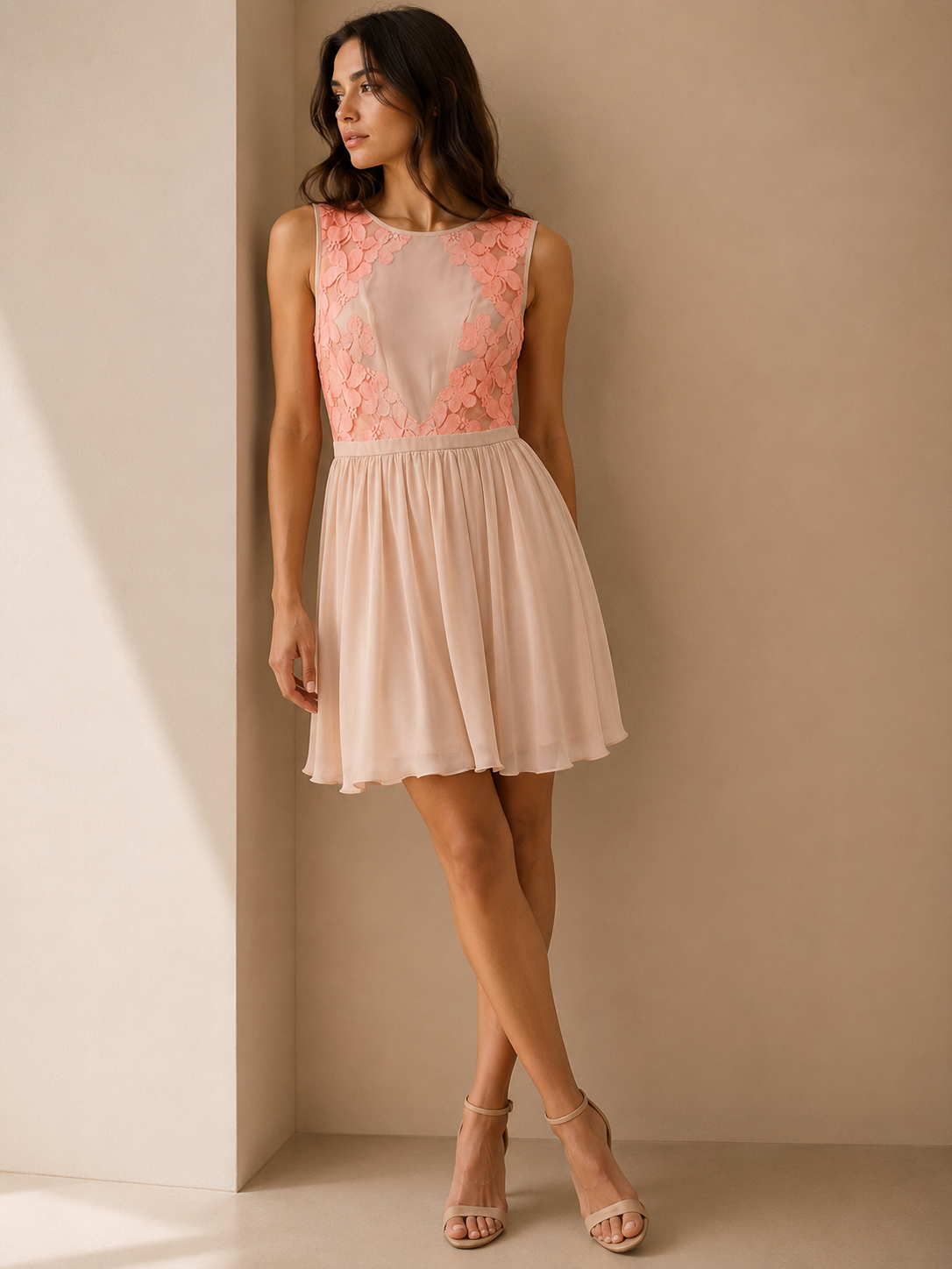 Ted Baker London Nude & Peach Fit & Flare Sleeveless Lace Dress Size 2