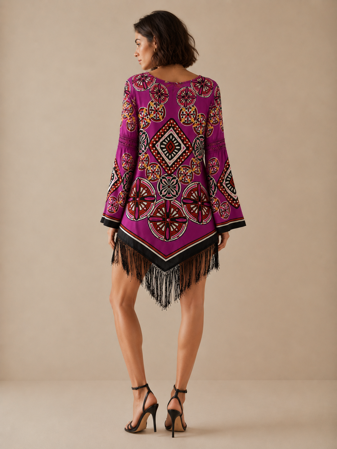 Anthropologie Chelsea & Violet Purple and Multicolor Tunic Dress w/ Fringe Sz M