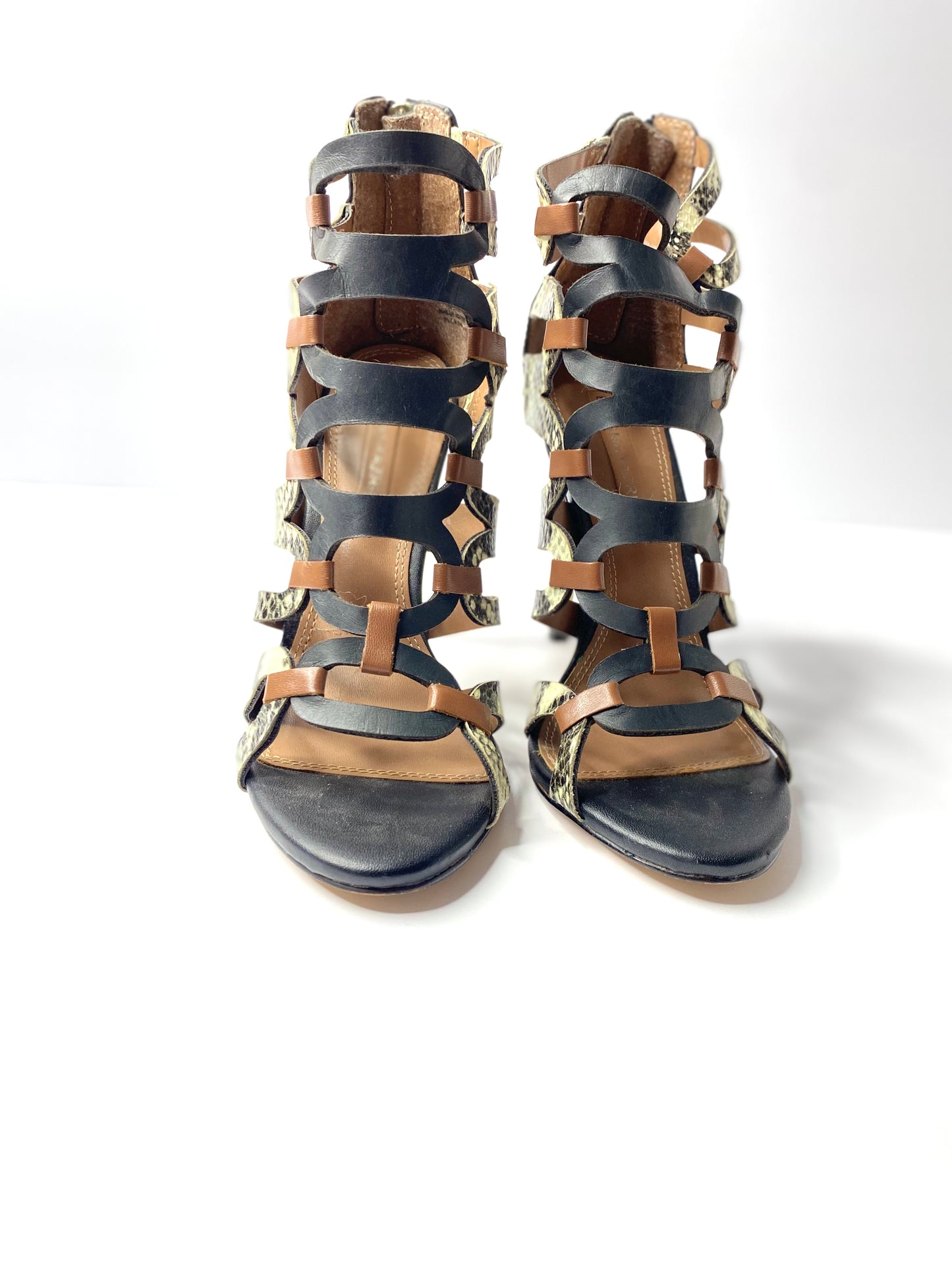 BCBG Snake Print Cage Leather Heels – Size 7.5 – 4” Cut-Out Stiletto Sandals