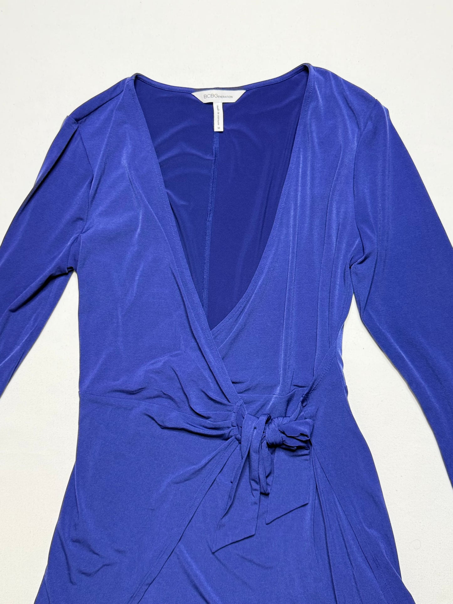 BCBG Generation Blue Long Sleeve Wrap Dress – Size Medium, V-Neck, Asymmetrical Hem