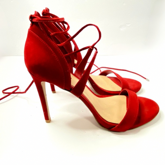 Gianni Bini Red Faux Suede Open-Toe Sandals – Lace-Up Wrap Closure – Size 10