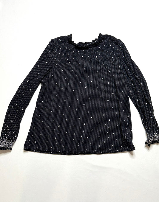 Lucky Brand Black Floral Polka Dot Blouse Peter Pan Collar Button Front Size Large