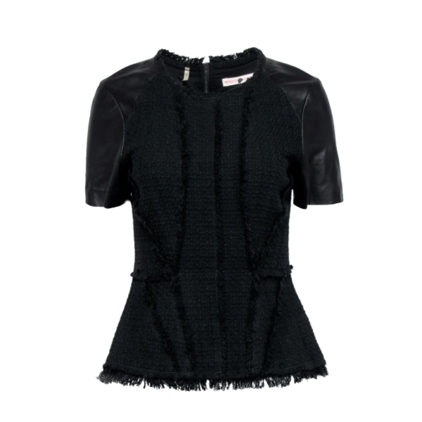 Rebecca Taylor Black Tweed Peplum Top Sz 2 | Leather Short Sleeves | Chic Designer Workwear