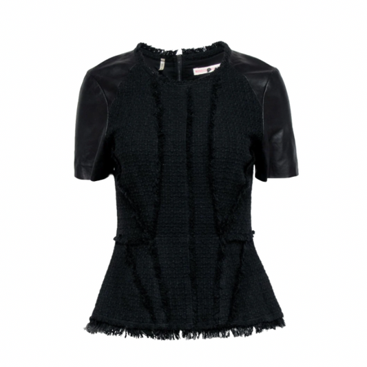 Rebecca Taylor Black Tweed Peplum Top Sz 2 | Leather Short Sleeves | Chic Designer Workwear