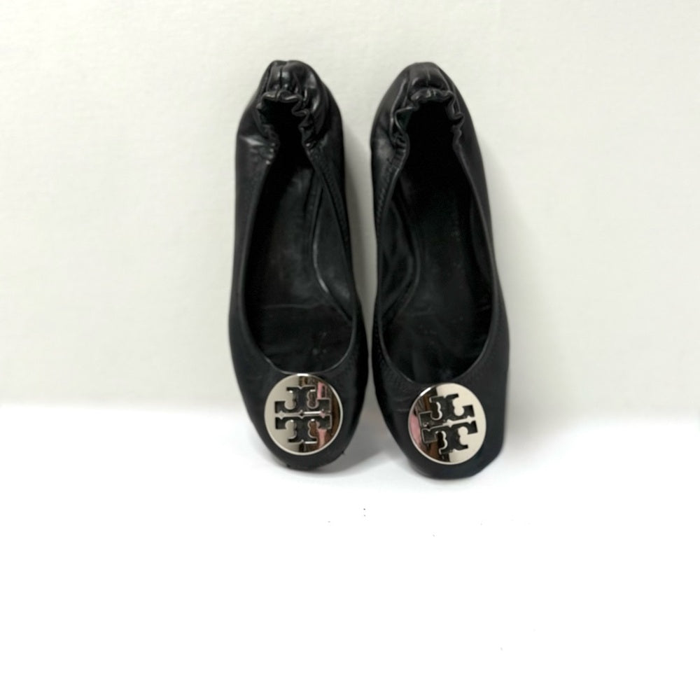 Tory Burch Black Leather Flats with Silver Logo Size 8.5